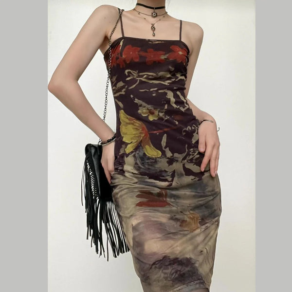 Mesh abstract print square neck contrast cami midi dress