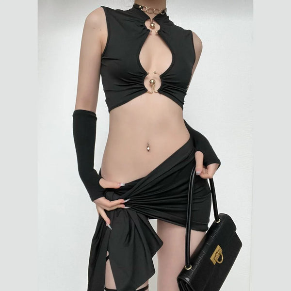 Sleeveless o ring self tie hollow out solid mini dress
