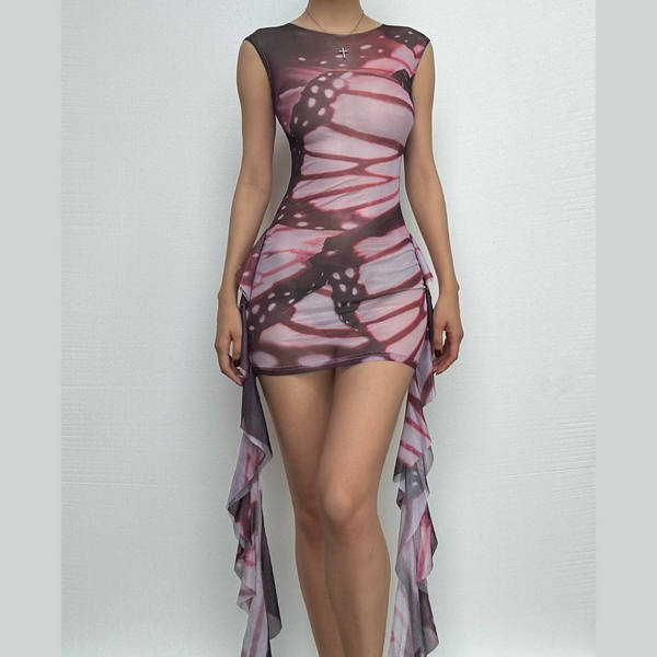 Cap sleeve print ruffle sheer mesh mini dress  | red tango dress  | samba dress