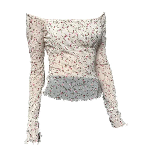 Long sleeve off shoulder print ruffle lace hem top