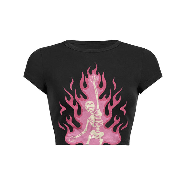 T-shirt bébé incliné à imprimé squelette de feu rose 