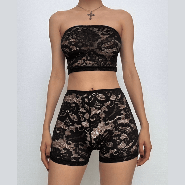 Lace see through solid tube pant set