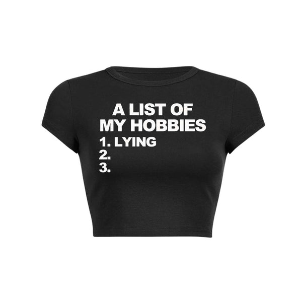 Une liste de mes passe-temps allongés Y2K Baby Tee Crop Top 