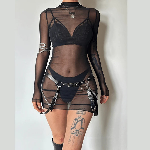 Sheer mesh see through solid long sleeve mini bodycon dress  | samba dress