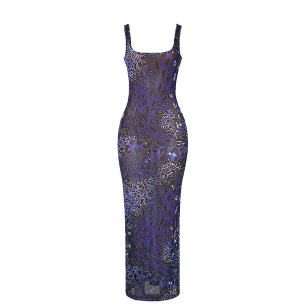 Print u neck hollow out sheer mesh cami maxi dress  | samba dress