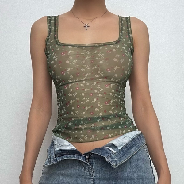Débardeur beige à col carré et volants en maille transparente à imprimé floral 