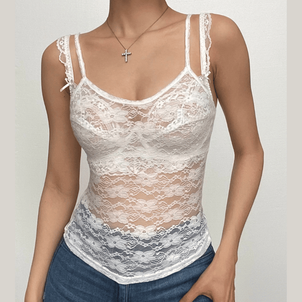 Haut camisole dos nu en dentelle transparente à col en U 