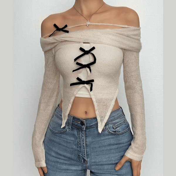 Off shoulder bowknot long sleeve contrast backless top