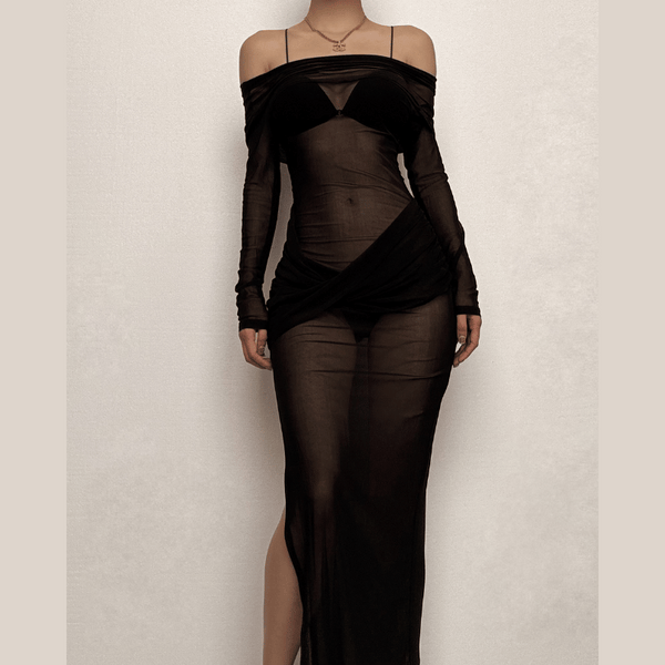 Long sleeve off shoulder sheer mesh ruched slit maxi dress  | red tango dress  | samba dress