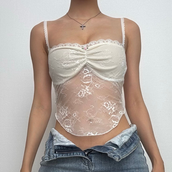 Haut caraco en dentelle froncée avec col en cœur et appliques florales 