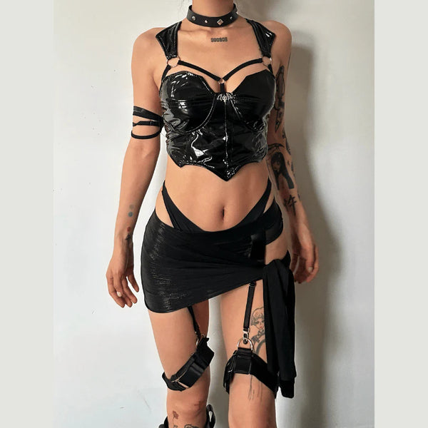 Halter o ring PU leather backless irregular crop top