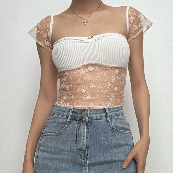 Haut côtelé à manches courtes et broderie de fleurs en dentelle 