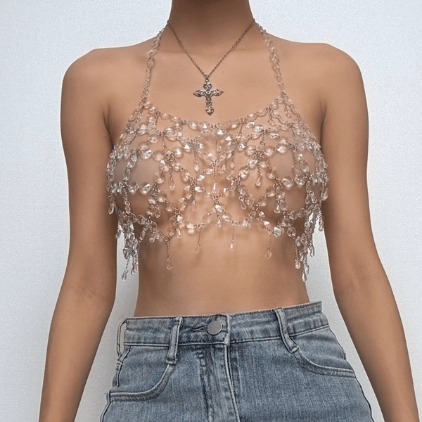 Metal chain plastic crystal halter backless crop top