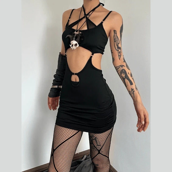 Mini-robe unie patchwork dos nu à licou ajouré