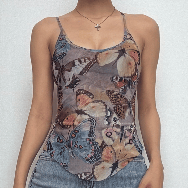 Haut camisole dos nu à col en U et imprimé papillon 