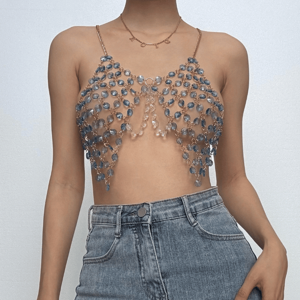 Haut camisole superposé dos nu à chaîne en métal perlé et col en U 