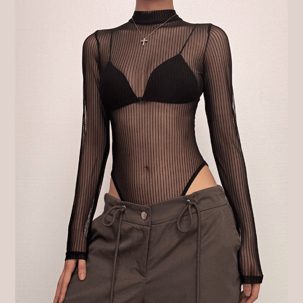 Body rayé en maille transparente à manches longues 