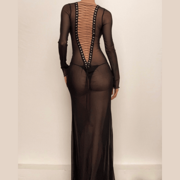 Robe longue transparente à manches longues et lacets | Robe de tango rouge | Robe de samba 
