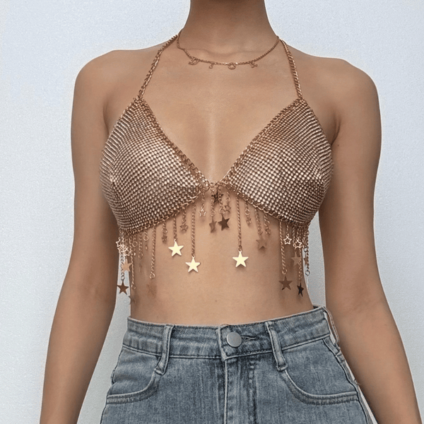 Metal chain star decor halter backless bralette top