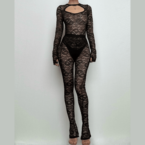 Long sleeve hollow out lace see through pant set