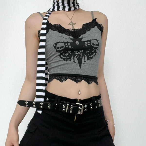 Lace hem backless contrast abstract cami crop top