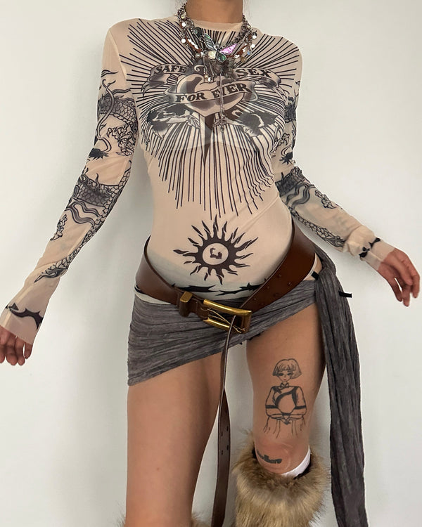 Long sleeve crewneck mesh see through print top