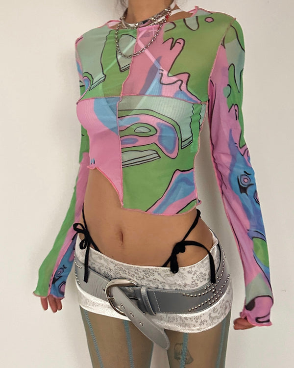 Ruffled see through patchwork irregular long sleeve crop top