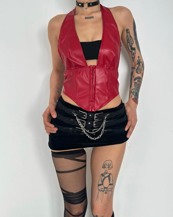Haut boutonné en cuir PU avec col en V et corset licou 
