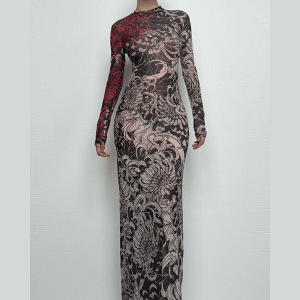 Long sleeve high neck print sheer mesh maxi dress  | samba dress