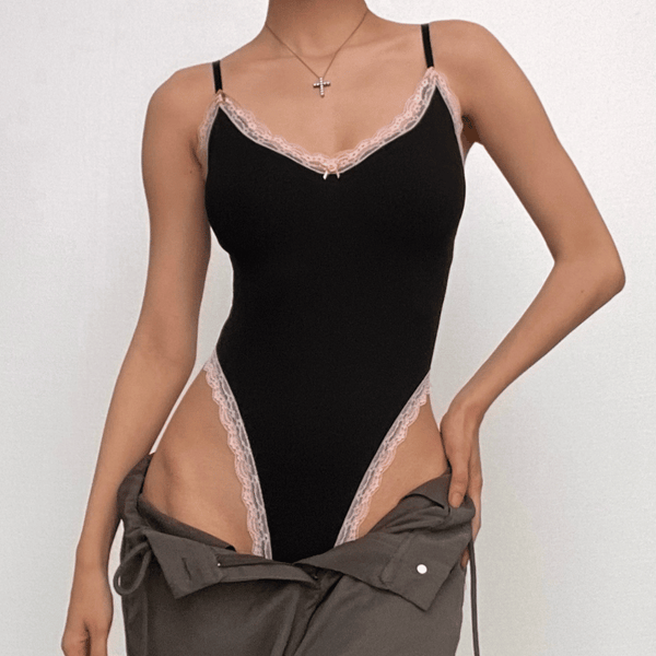 Body camisole dos nu contrasté avec ourlet en dentelle et col en U 