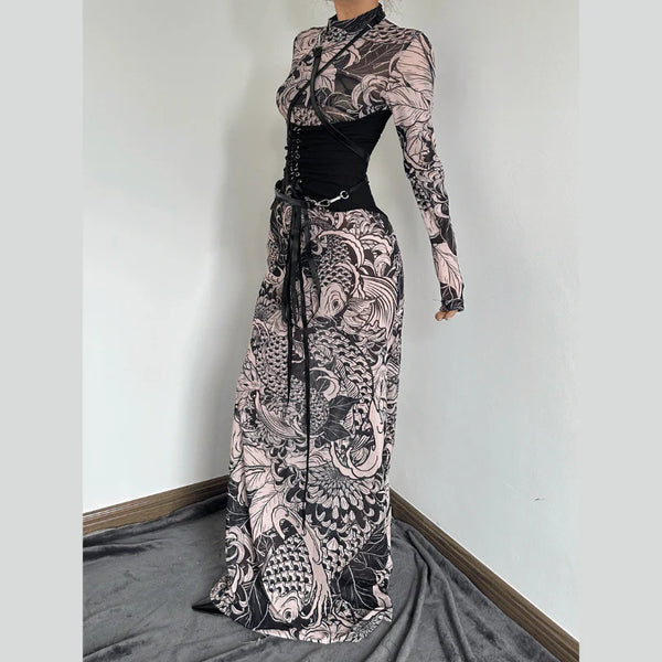 Sheer mesh see through abstract long sleeve high neck maxi dress  | samba dress