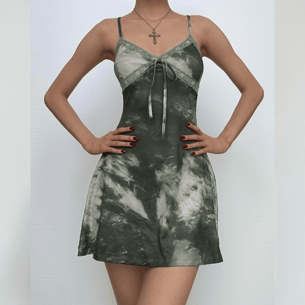 Tie dye lace hem bowknot v neck cami mini dress