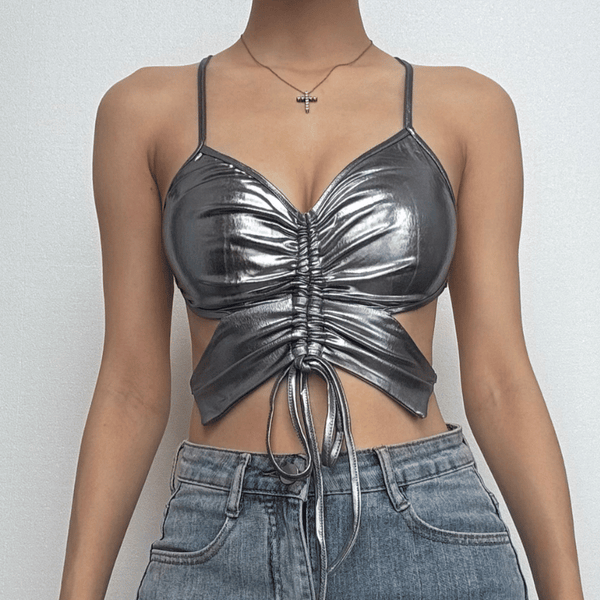 Haut camisole métallique à col en V froncé avec cordon de serrage 