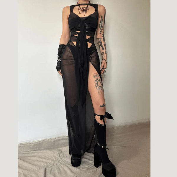 Sheer mesh see through knotted hollow out slit maxi dress  | red tango dress  | samba dress