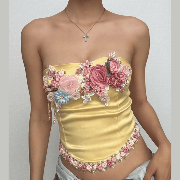 Haut bustier en satin avec appliques florales et fermeture éclair 