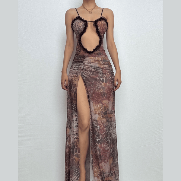 Sheer mesh hollow out ruched high slit cami cut out maxi dress  | samba dress