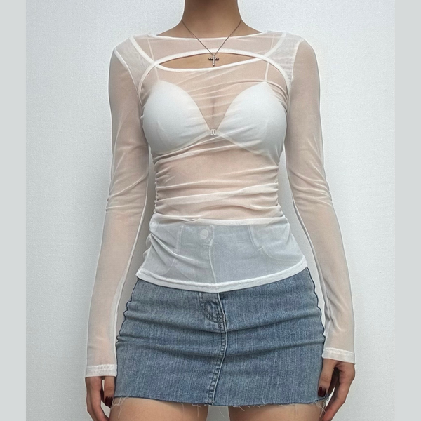 Haut uni en maille transparente froncée à manches longues 