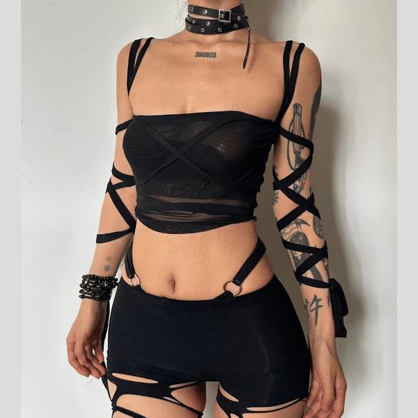 Bandage mesh see-through lace up tube top