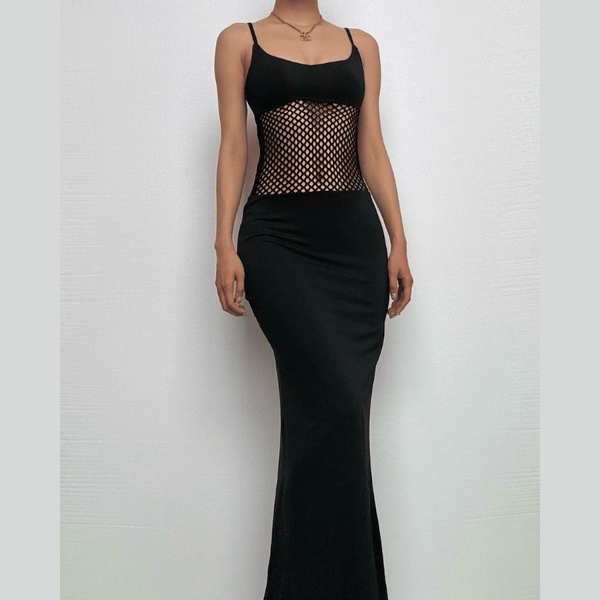 Robe midi unie à col en U et résille 