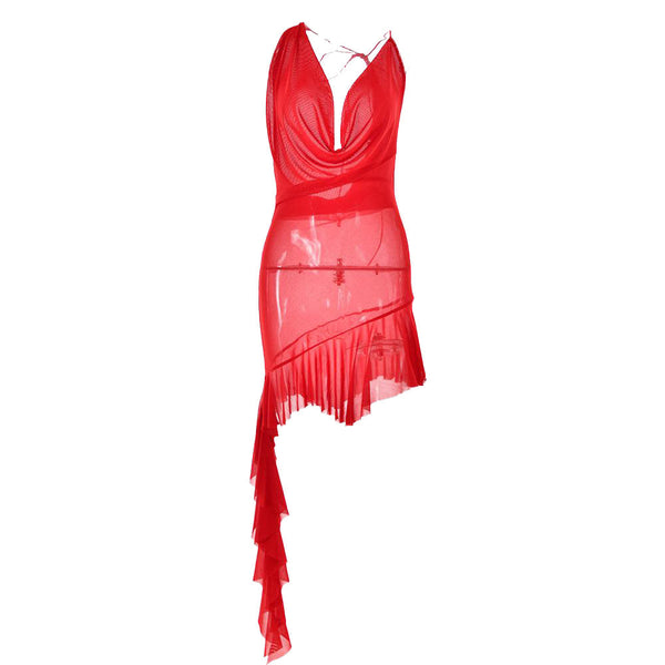 Robe courte sans manches à col bénitier et décolleté plongeant avec volants et dos nu | robe tango rouge 