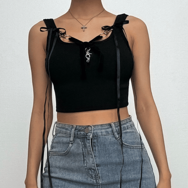 Haut court côtelé avec ruban à nœud papillon et cœur appliqué 