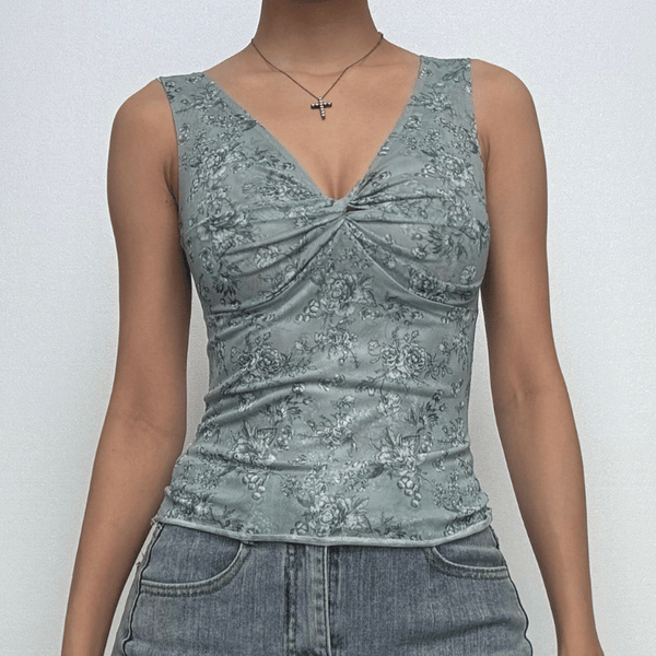 V neck ruched flower print tank top