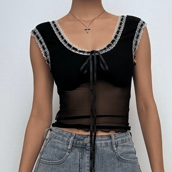 Lace hem mesh bowknot ribbon ruffle top