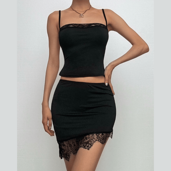 Lace hem backless irregular solid cami mini skirt set