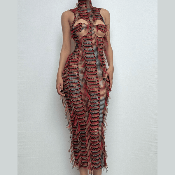 Robe midi à col montant et dos nu en maille ajourée | robe de tango rouge 