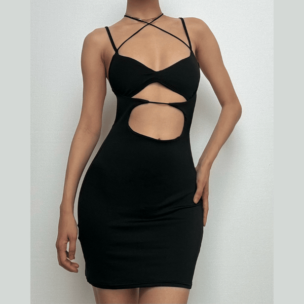 Hollow out cross back backless cami cut out mini dress  | black rave dress
