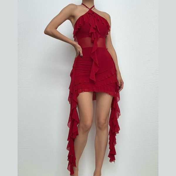 Halter sheer mesh ruffle backless mini dress  | red tango dress  | samba dress