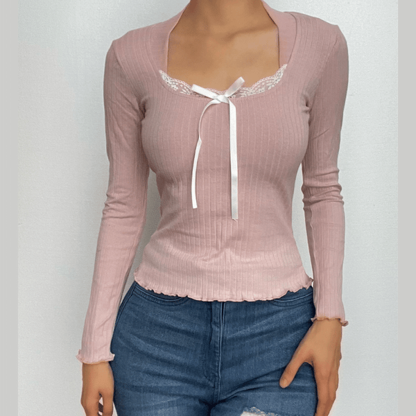 Lace hem contrast long sleeve bowknot ruffle top