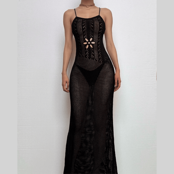 Robe longue transparente en tricot avec dos croisé | Robe noire rave 