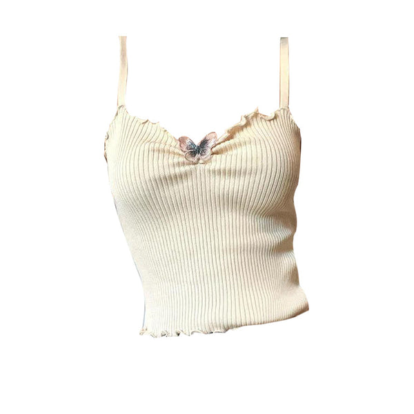 Butterfly pattern ruffle ribbed cami top